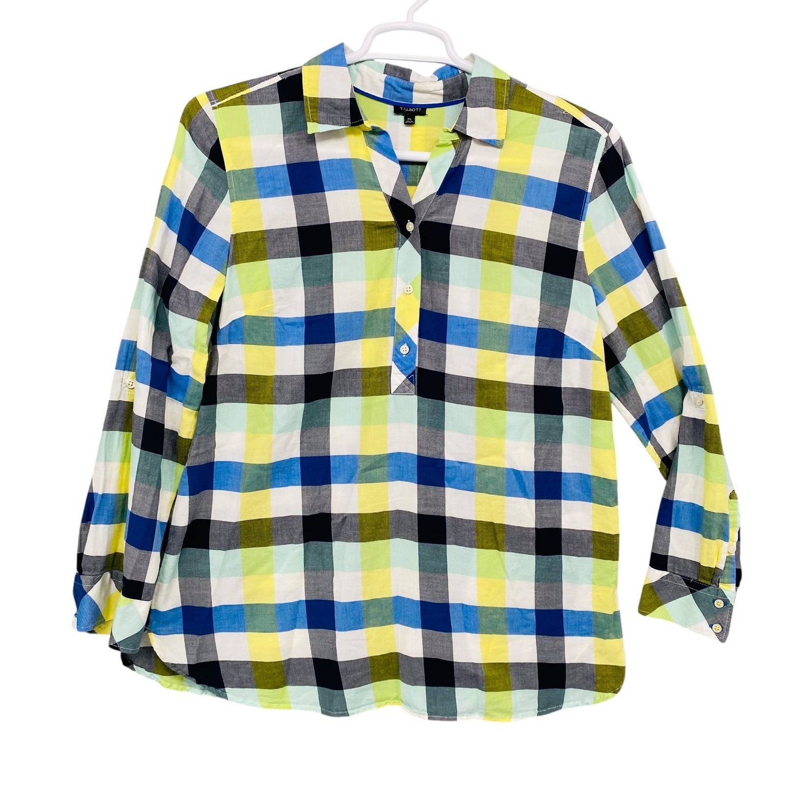 Talbots Women Xl Plaid Button Front Tunic Shirt Long Sleeve Roll Tab Casual